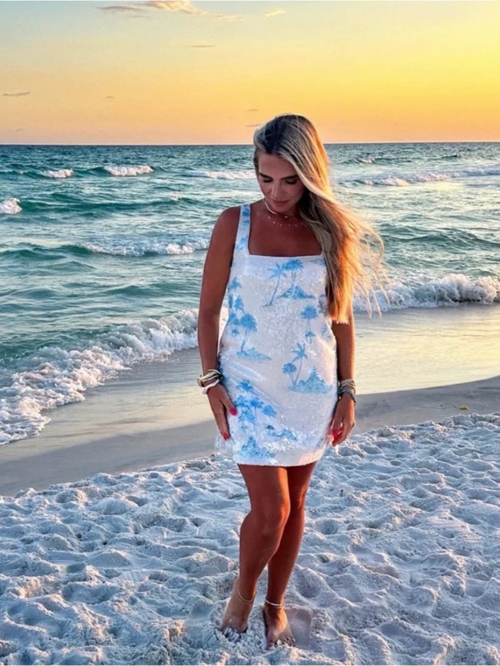 NWT Gianni Bini x DANNIJO Twiggy Sequin Palm Tree Beach Dress - White Blue